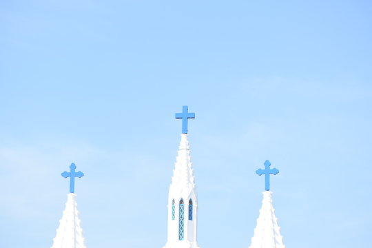 A view from outside,cross on top of church At Velankanni Chuch,Tamil Nadu.