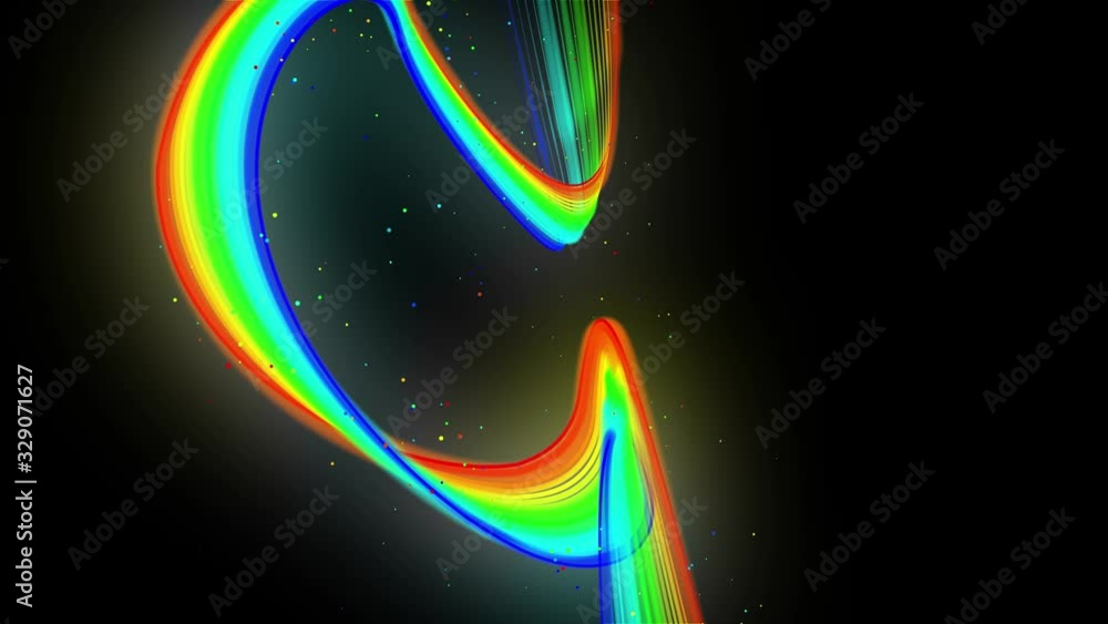 Poster rainbow color neon lines fly in the air, smoothly oscillation and wave. 3d abstract looped creative 