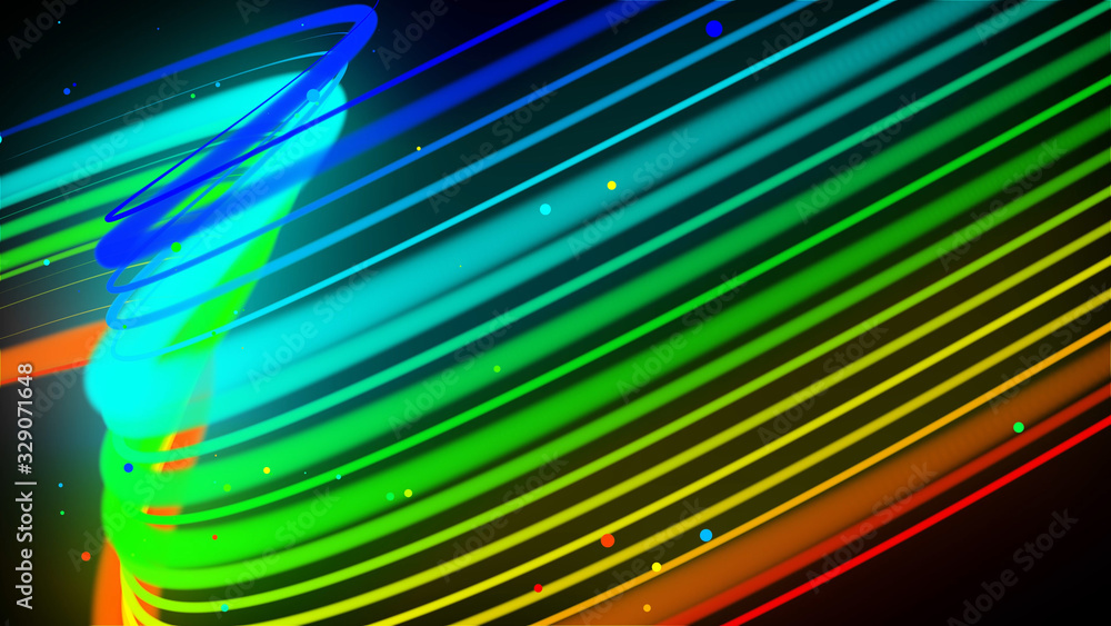 Poster rainbow color neon lines form wave. 3d abstract creative background like glow ribbon with particles 