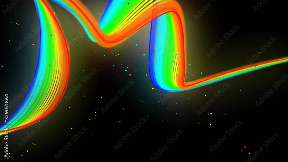 Poster rainbow color neon lines form wave. 3d abstract creative background like glow ribbon with particles 