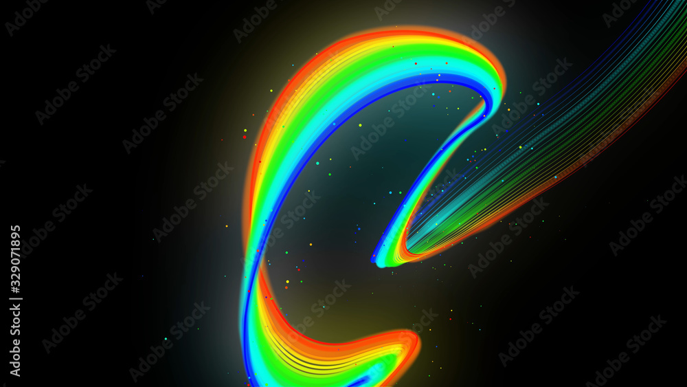 Poster rainbow color neon lines form wave. 3d abstract creative background like glow ribbon with particles 