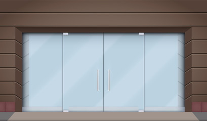 Exterior of Hotel facade with two big glass doors and windows. Boutique Street view. Vector Illustration.