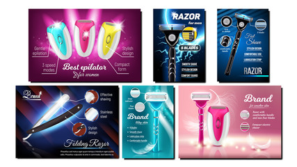 Razor And Epilator Advertising Banner Set Vector. Collection Of Different Creative Poster With Electric Device And Shaving Razor. Shave Equipment Compact Form And Stylish Design 3d Illustrations