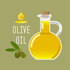 Olive oil in a glass bottle and green olives with leaves. Vector illustration
