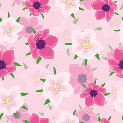 Anemone flowers seamless pattern on light pink background