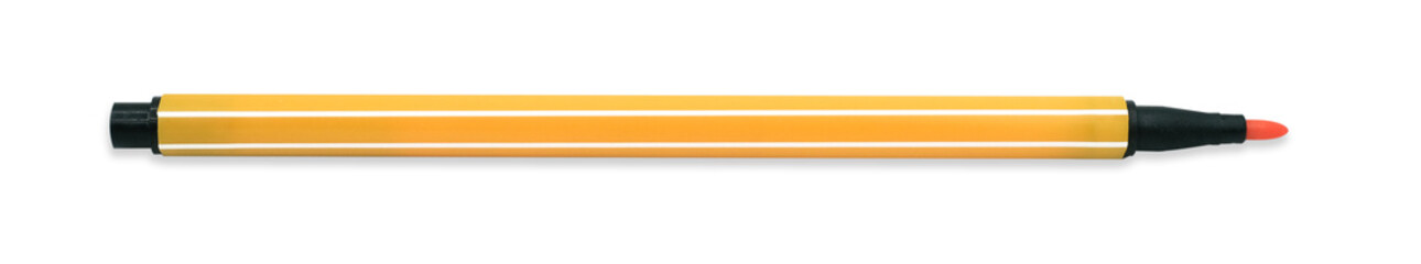 Closeup orange marker pen isolated on white background with clipping path, Stationery with colourful pen