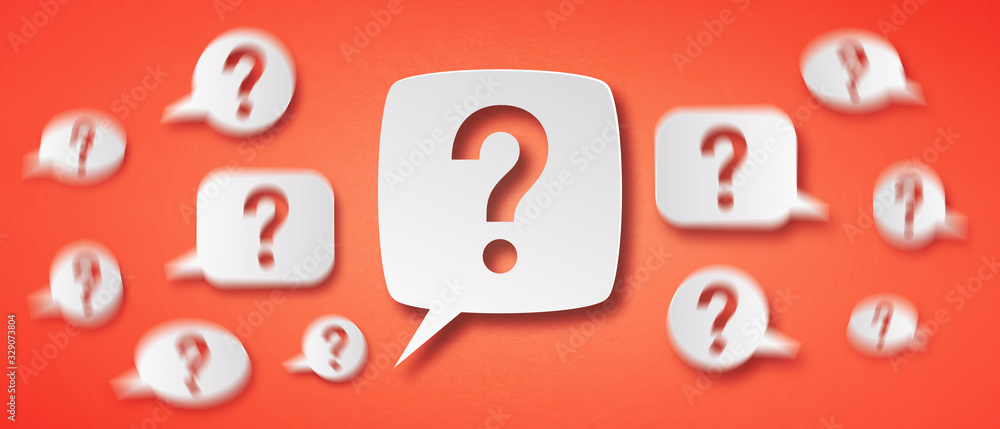 Aufkleber question marks with speech bubbles on red background