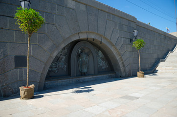 Embankment of the Dnieper River and the river station of Kiev. Landscaped beautiful granite...