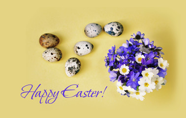 Spring small blue flowers on pastel colour background. Spring Easter holidays greeting card concept