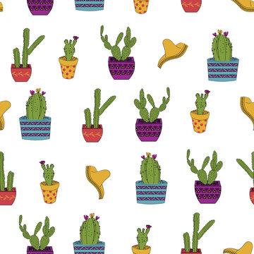 Cute hand drawn cacti and mexican hats seamless vector pattern background .