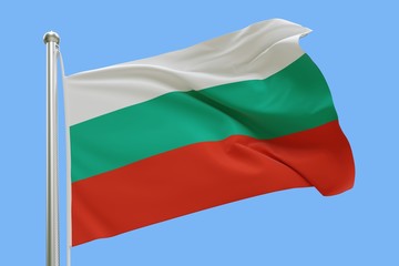 Fototapeta na wymiar Flag of Bulgaria On Flagpole Waving in the Wind. Isolated On Blue Sky Background. 3D Rendering.