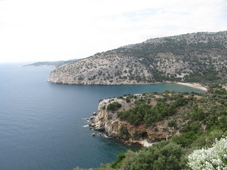 Wild beach on Thassos. beautiful landscape with views of Sora and the rocky coast