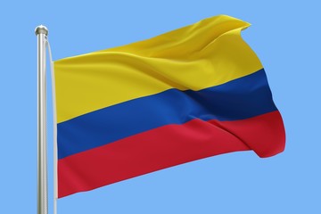 Flag of Colombia On Flagpole Waving in the Wind. Isolated On Blue Sky Background. 3D Rendering.