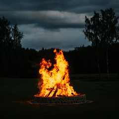 Big bonfire at night, burning trees.