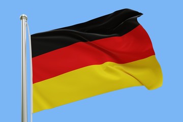 Flag of Germany On Flagpole Waving in the Wind. Isolated On Blue Sky Background. 3D Rendering.
