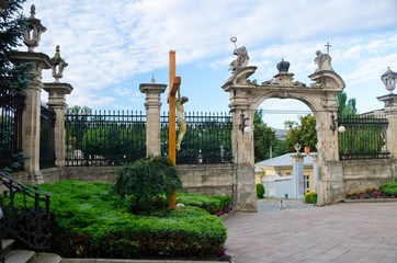 Cathedral of St. George in Lviv. Ancient Europe. Yellow building in Baroque style with stucco and...
