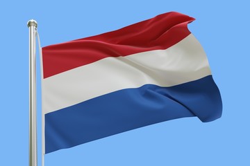 Fototapeta na wymiar Flag of Netherlands On Flagpole Waving in the Wind. Isolated On Blue Sky Background. 3D Rendering.
