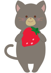イチゴを持つネコのイラスト