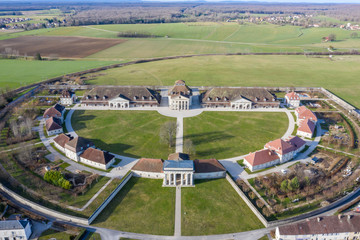 Aerial panoramic view of the Saline Royale (Royal Saltworks)  at Arc-et-Senans, France