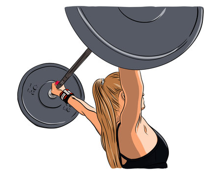 Weight lifting, woman lifts big barbell. Fitness illustration. Isolated vector drawing