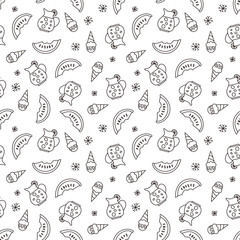 Summer pattern. Seamless vector. cute line background. Watermelon , drinks and Ice cream.