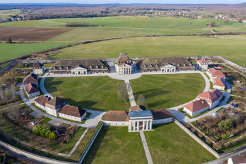 Aerial panoramic view of the Saline Royale (Royal Saltworks)  at Arc-et-Senans, France