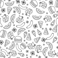 Fast food linear outline pattern. Hamburger, snacks and drinks.Vector illustration.