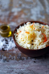 Sauerkraut in a bowl. Fermented foods. Probiotics Healthy food.