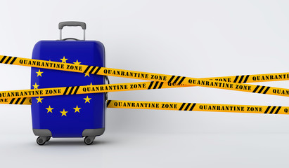 European Union travel suitcase covered with quarantine tape. 3D Render
