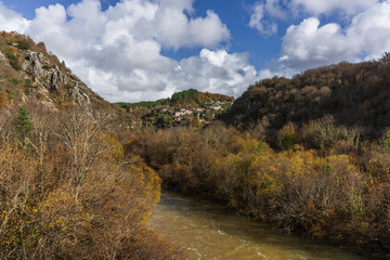 Fototapeta na wymiar Mountain river and village on background