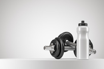 White fitness bottle and two dumbbells on the white podium with copy space. Sport healthy lifestyle concept. - obrazy, fototapety, plakaty