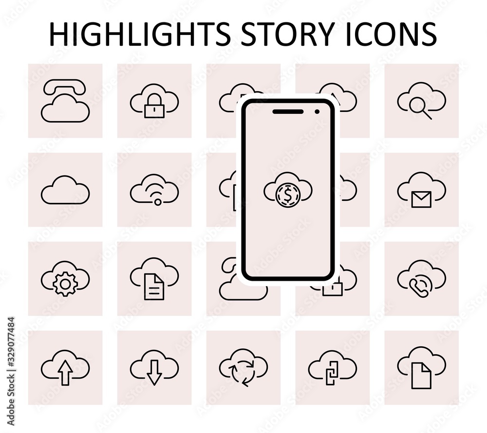 Poster set of cloud vector line icon. it contains symbols to upload, download, link and more. editable stro