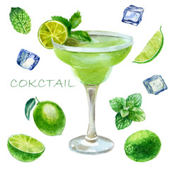 Watercolor illustration. Image of a glass with a margarita cocktail. Mint leaves, ice cubes for cocktails, lime, lime slices.