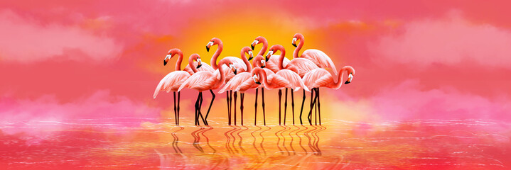 Panorama with pink flamingos on a bright sunset background