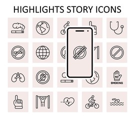 International No Tobacco Day Set Line Vector Icons. Contains such Icons as Lungs, Cigars, Cigarettes, Smoking, Globe, smoking Cessation and more. Editable Stroke 32x32 Pixels