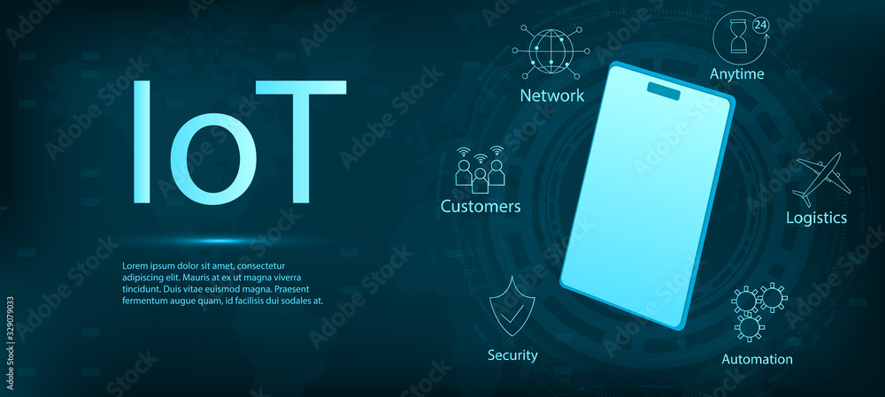 Poster internet of things (iot). layout template for web banner. set of vector icons for modern concepts, w