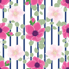 Pink anemone and eucalyptus seamless pattern on blue stripes