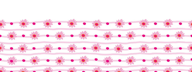 Daisies Flowers on Pink Stripes Border-Flowers in Bloom,Seamless Repeat Pattern. Classic Floral Repeat Pattern Design in Pink and white . Perfect for Fabric, Scrap book,