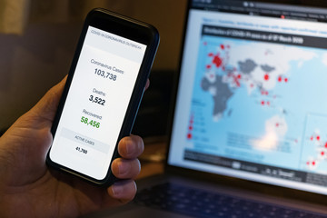 Male hand holding a mobile phone showing the world statistics of the coronavirus covid-19 outbreak.