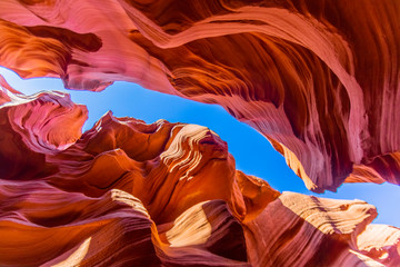 View to spectacular sandstone walls of lower Antelope Canyon in Arizona - obrazy, fototapety, plakaty