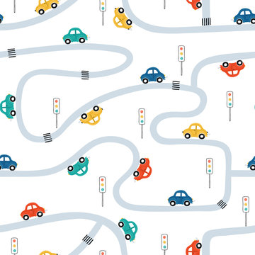 Cute children's seamless pattern with mini cars on a white background. Illustration of a town in a cartoon style for Wallpaper, fabric, and textile design. Vector