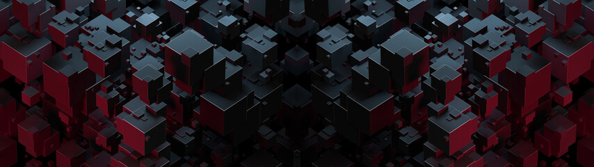 Obraz premium Creative abstract wide background with geometric shapes. Top view, modern trendy design, blocks structure. Digital technology composition, neon colors. 3d rendering