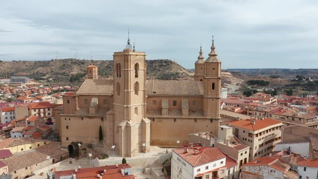 Santa Mar&iacute;a la Mayor Alca&ntilde;iz Spain aerial flight around the church Aragon Teruel province