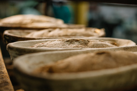 Baking bread. Dough in proofing basket on wooden table with flour, cumin and wheat ears. Top view.