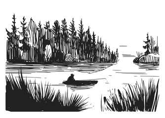 Sketch of a fisherman on a lake. Hand drawn illustration converted to vector. Black on transparent background