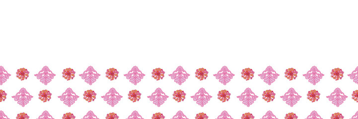 Lantana Lace Border- Flowers in Bloom,Seamless Repeat Pattern. Lantana flowers and pink lace shapes border Pattern background in pink, orange and yellow. Perfect for Fabric, Scrap book, wallpaper