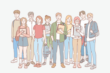 Naklejka premium Student, education, study, college set concept. Group of young men, women students friends teenagers together. University and college life. Education, learning, study process. Simple flat vector