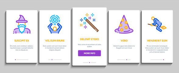 Wizard Magic Onboarding Mobile App Page Screen Vector. Wizard Wand And Hat, Sphere And Knife, Book And Ring, All-seeing Eye And Doll Concept Linear Pictograms. Color Contour Illustrations