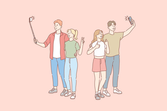 Selfie, blog, social media, couple concept. Group of young people couples in love, boyfriends girlfriends students bloggers, teenagers friends men women taking selfie for social network on smartphones
