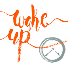 Banner with the orange text 'wake up' and the clock against white background.  - 329083236